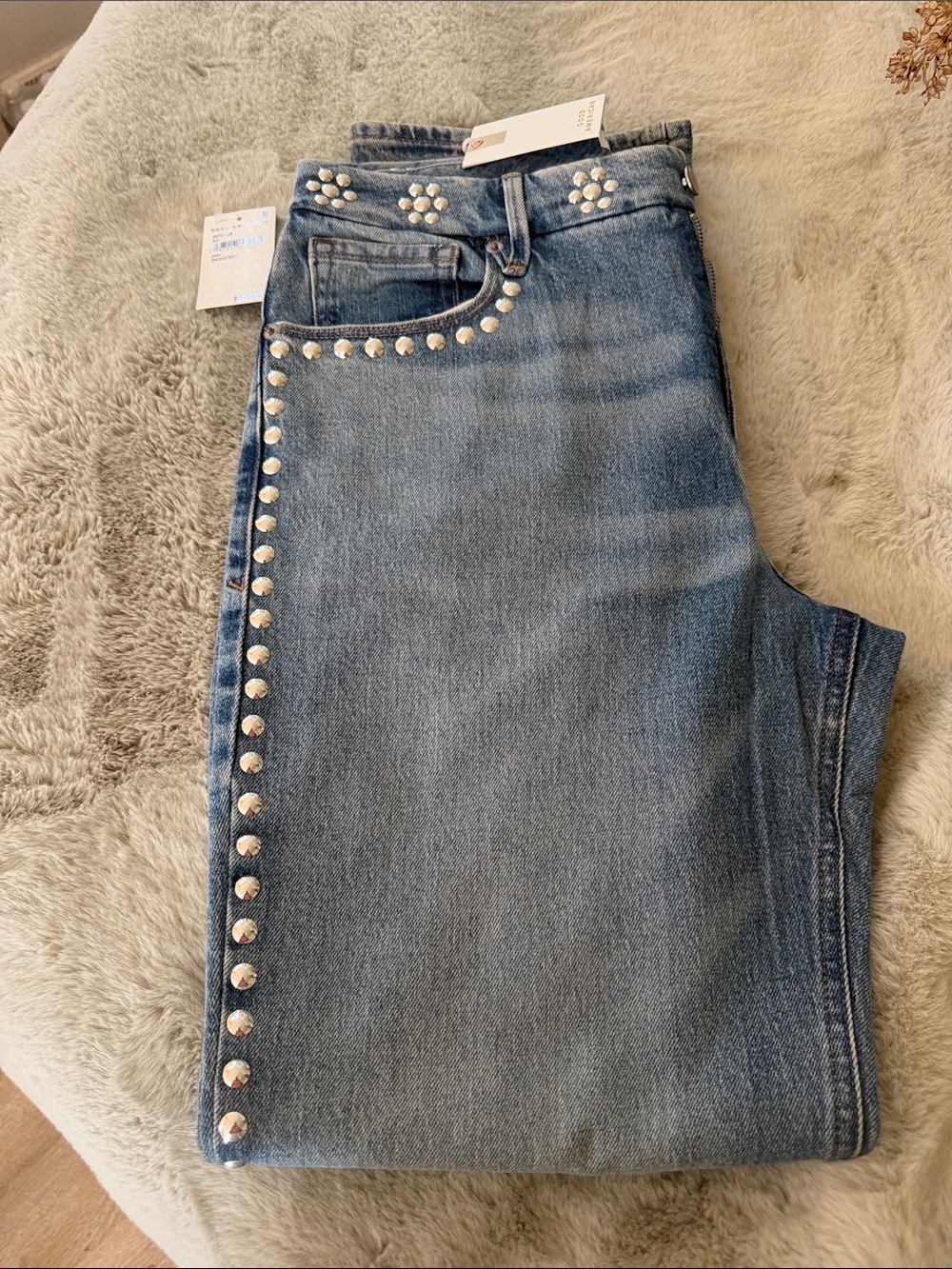 Good American Light Blue Straight-Leg Jeans with Silver Studs